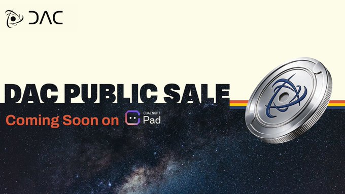 An advertisement for 'DAC PUBLIC SALE Coming Soon on Pad' features a silver coin with a blue logo against a starry space background.