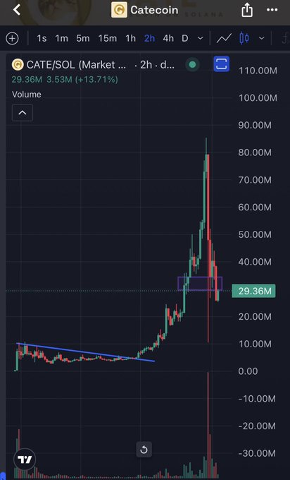 A candlestick chart of CATE/SOL on a 2-hour timeframe shows a sharp pump to roughly 80M followed by a pullback to 29.36M, with a descending trendline drawn from the prior lows and 24-hour volume of 3.53M (+13.71%), reflecting the poster's reminder to take profits on the way up before the price cooled.