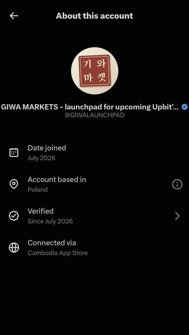 A social media 'About this account' page for 'GIWA MARKETS - launchpad for upcoming Upbit' with handle '@GIWALAUNCHPAD', showing it joined July 2026, is based in Poland, is verified, and was connected via the Cambodia App Store.