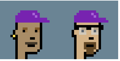 Two pixel-art characters are shown side by side, both wearing purple caps. The left character has brown skin and an earring, while the right character has a goatee.