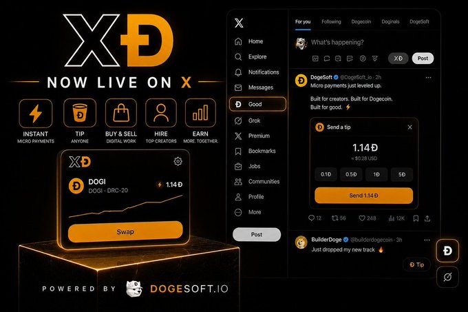 A promotional graphic for 'X' (formerly Twitter) featuring 'DogeSoft.io' and 'DOGI' with a DOGE/USDC swap feature and a tipping interface, powered by DogeSoft.io.