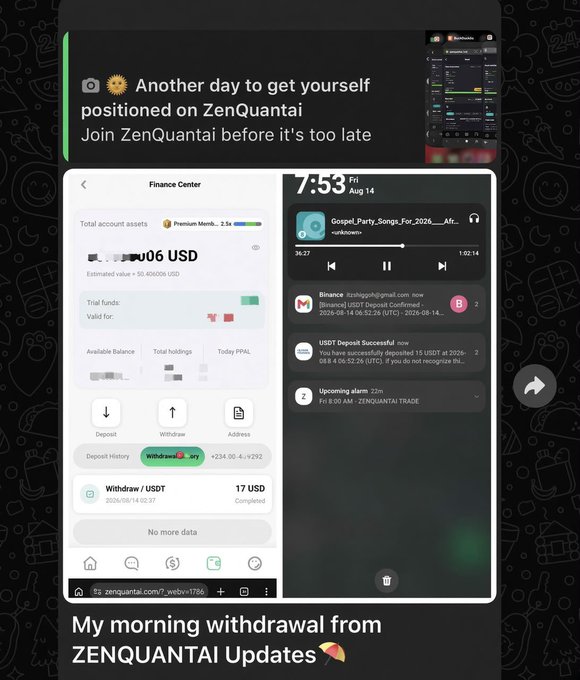 A promotional post about ZENQUANTAI featuring a Finance Center interface showing balances and withdrawals, alongside phone notifications about USDT deposits and trading alerts, captioned 'My morning withdrawal from ZENQUANTAI Updates'.