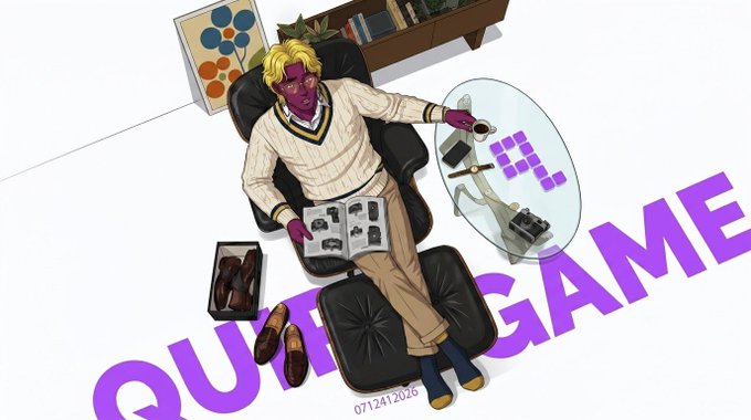 An anime-style illustration of a blonde man in a cream sweater sitting in a black lounge chair holding a gun, with the text 'QUIZ GAME' and the date '07.12.2026' displayed.