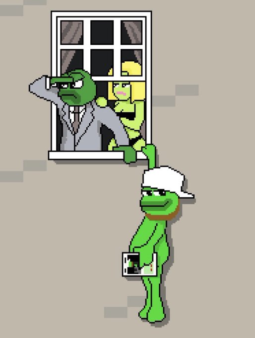 A pixel art illustration of Pepe the Frog peering out of a window alongside a blonde woman, while another Pepe wearing a white cap holds a Polaroid photo below.
