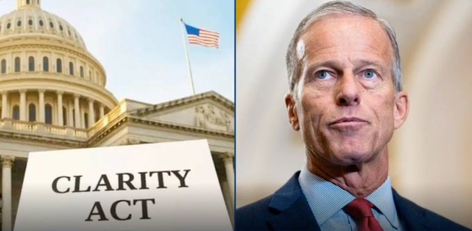 A split image showing the U.S. Capitol building with an American flag alongside a document labeled 'CLARITY ACT', paired with a portrait of Senator Thom Tillis.