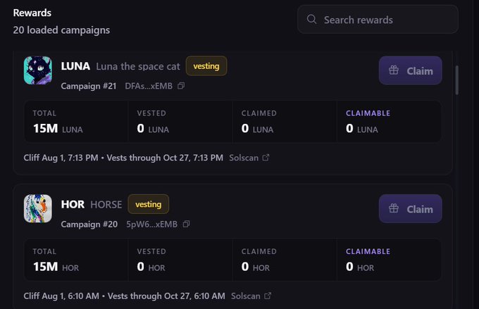 A 'Rewards' dashboard showing 20 loaded campaigns, including LUNA and HOR tokens in a vesting status with totals of 15M each.