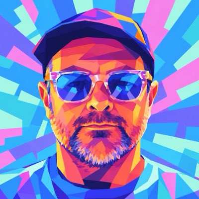 A colorful geometric/pop art style digital portrait of a bearded man wearing a cap and sunglasses against a vibrant background.