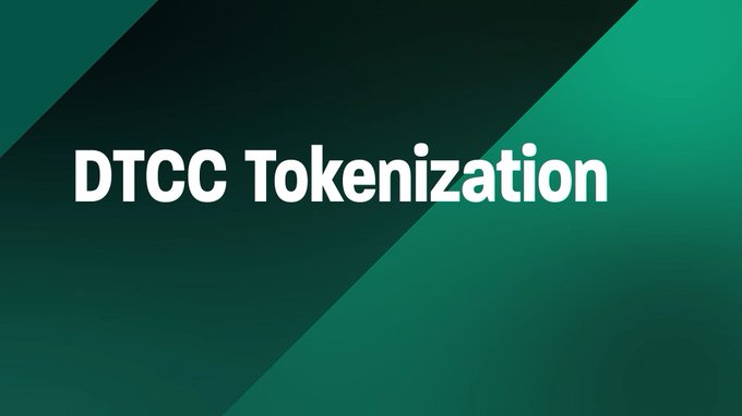 The image displays a sleek green gradient banner featuring the bold white text "DTCC Tokenization," which directly relates to the post's discussion of the Depository Trust & Clearing Corporation's milestone and its public-facing communication regarding programmability through smart contracts from a technological standpoint.