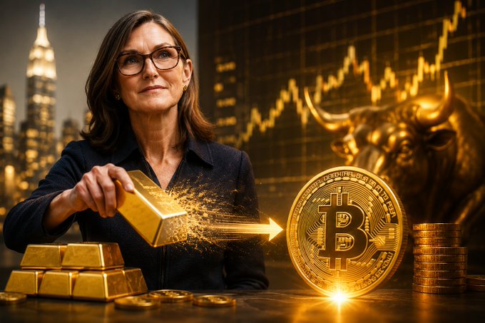 A woman pours a gold bar that transforms into a large Bitcoin token, with a glowing gold bull and rising chart in the background, visually symbolizing Cathie Wood's bullish $1.5 million Bitcoin prediction for 2030, which would yield a $31.5 trillion market cap at the 21 million BTC max supply.