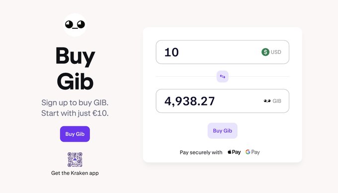 A Kraken purchase page showing an exchange of $10 USD for 4,938.27 GIB tokens, illustrating how to onboard friends and family into crypto with a small initial buy.