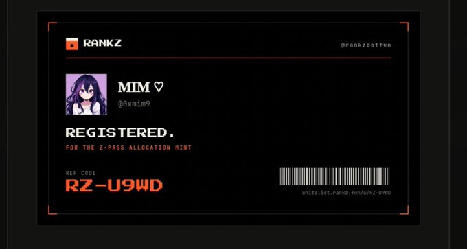 A digital registration card from RANKZ for user "MIM" (@0xmim9), registered for the Z-PASS ALLOCATION MINT, displaying the reference code "RZ-U9WD" and a barcode.