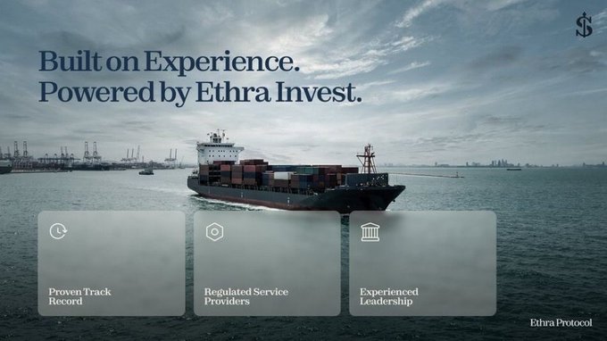 A promotional webpage header for 'Ethra Protocol' with the tagline 'Built on Experience. Powered by Ethra Invest.' displayed over an image of a large container ship at sea, featuring service highlights like 'Proven Track Record', 'Regulated Service Providers', and 'Experienced Leadership'.