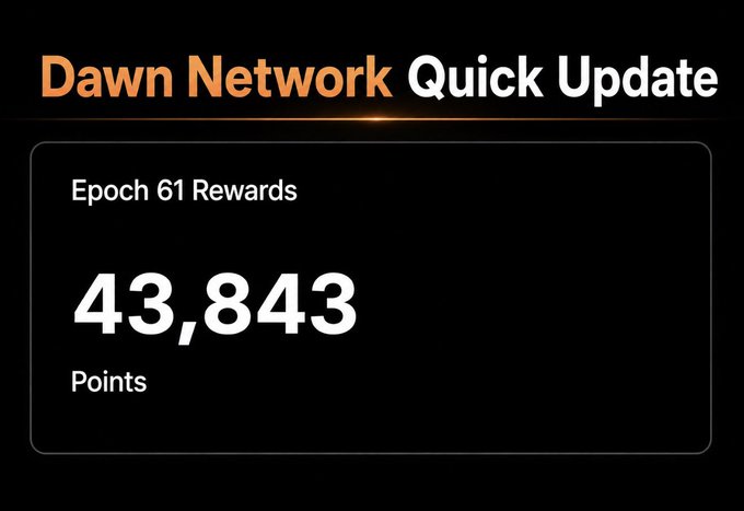 The image displays a "Dawn Network Quick Update" showing 43,843 Epoch 61 Reward Points earned. This corresponds to the post's announcement about Epoch 61 completion, highlighting the points earned while teasing the upcoming InfraFi Launch Update, Airdrop, and TGE details expected in August.