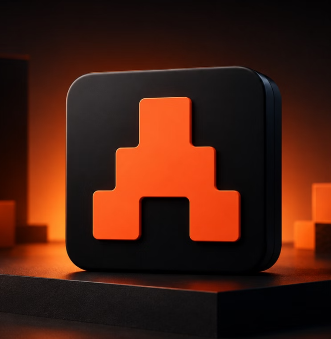 A black, rounded square icon featuring an orange pixelated figure resembling a retro video game character is illuminated by dramatic orange lighting on a dark platform.
