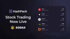 A digital advertisement from HashPack announces "Stock Trading Now Live" with the SODAX logo, displaying a list of stocks including UCA, UHR, UTBR, UBTC, and UTEN with their prices.