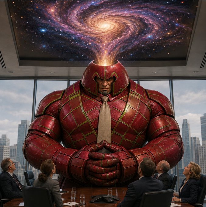 A colossal, red-armored figure with a swirling galaxy emerging from its headless neck sits at the head of a corporate boardroom table, dwarfing the suited executives around it. The surreal, overwhelming presence of the cosmic titan humorously mirrors the post's theme of an unstoppable, dominant force—much like a "successful project" with a high market cap and large community looming over competitors considering migration.