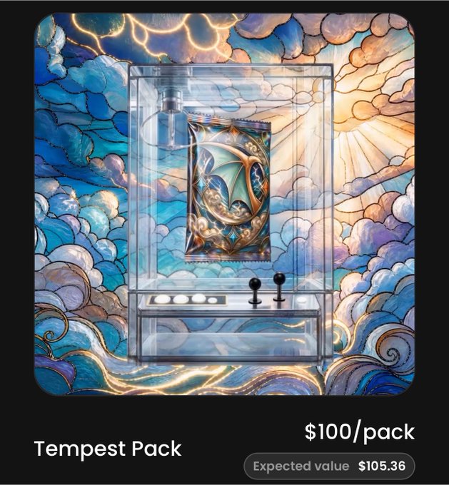 A digital trading card pack called 'Tempest Pack' priced at '$100/pack' with an 'Expected value $105.36' is displayed against a stained-glass style background of clouds and lightning.