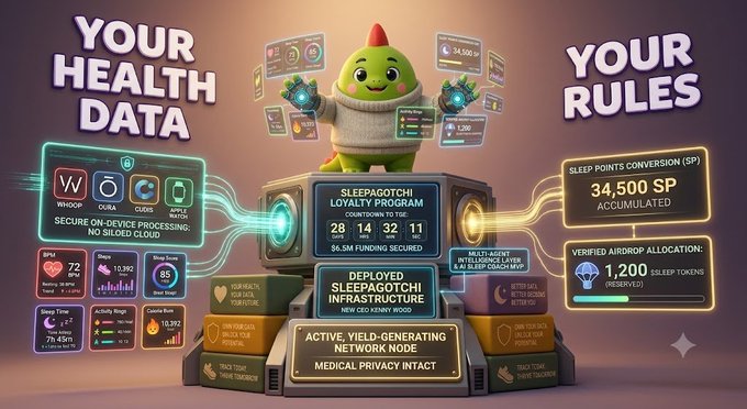 A promotional graphic for 'SLEEPAGOTCHI LOYALTY PROGRAM' featuring a green creature in a spacesuit, with text reading 'YOUR HEALTH DATA' and 'YOUR RULES.' It displays metrics like 'SLEEP POINTS CONVERSION (SP) 34,500 SP ACCUMULATED' and 'VERIFIED AIRDROP ALLOCATION: 1,200 SLEEP TOKEN(S) (RESERVED).'
