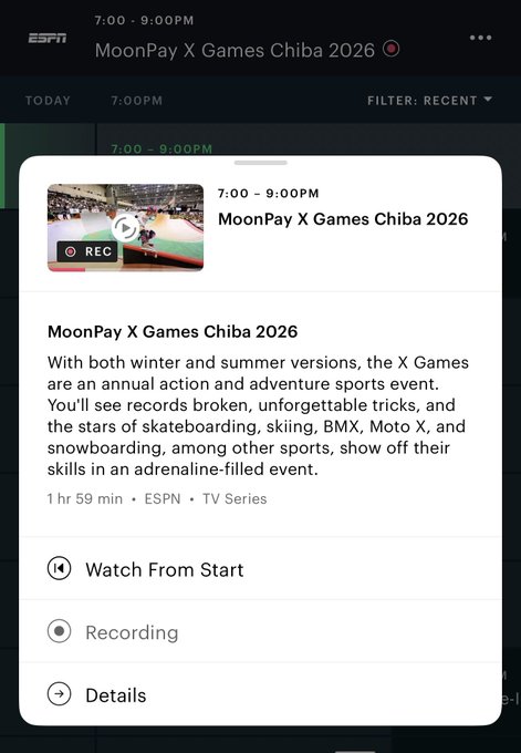 The image shows an ESPN streaming menu displaying a recording of "MoonPay X Games Chiba 2026" airing from 7:00-9:00PM, with a description noting it covers skateboarding, skiing, BMX, Moto X, and snowboarding action sports. This relates to the post by showing how ESPN has incorporated branded crypto sponsorships like MoonPay and Solana into its programming, including major sports events like the X Games and WSOP.