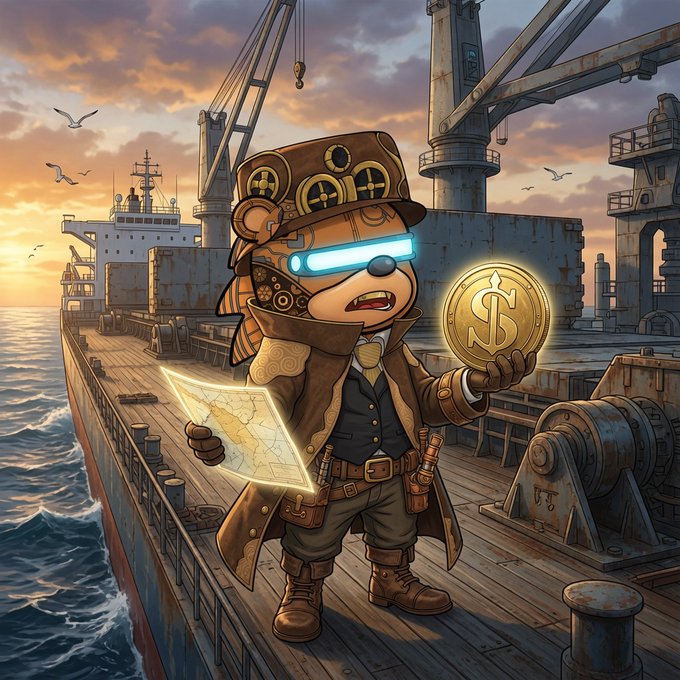 A steampunk-style cartoon bear wearing a top hat and glowing blue visor stands on a ship deck, holding a glowing gold coin with a dollar sign and a treasure map.