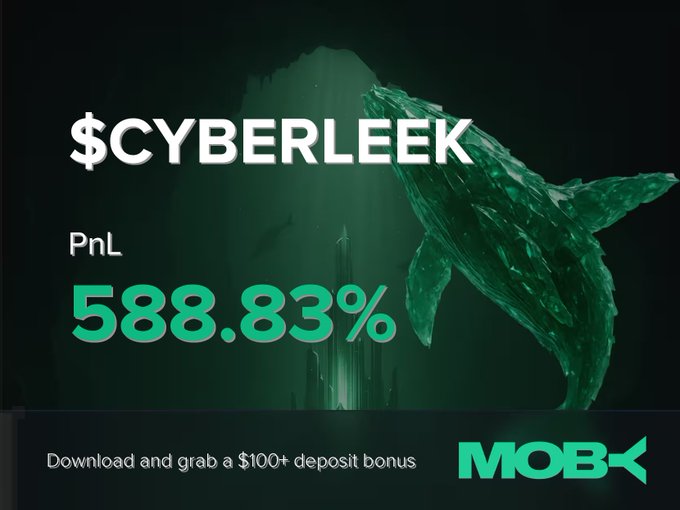 A promotional graphic on a dark green background displays "$CYBERLEEK" alongside a striking PnL of "588.83%" in mint green text, with an underwater scene featuring a humpback whale visible behind the stats. The "MOBY" logo and a call-to-action to "Download and grab a $100+ deposit bonus" appear at the bottom, illustrating the impressive gains highlighted in the win alert.