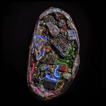 A close-up of a geode reveals embedded electronic components, including microchips and a green circuit board, illuminated by blue LED-like lights.