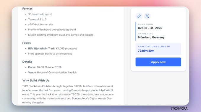 An event information card detailing a 'BSV Blockchain Track' and 'Build With Us' hackathon taking place on '30-31 October 2026' at the 'House of Communication, Munich'. It mentions a '€4,000 prize pool' and has an 'Apply now' button with a countdown.