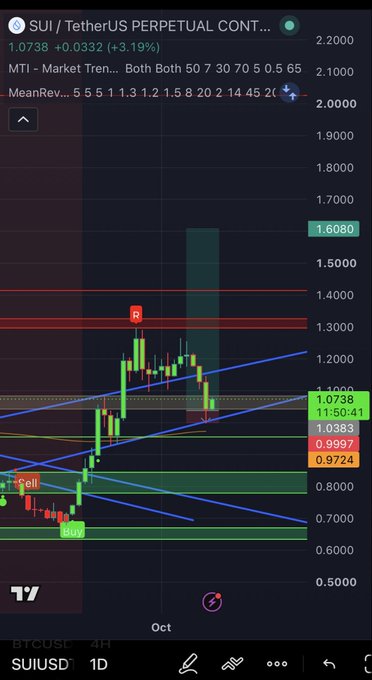 TradingView chart of SUI / TetherUS Perpetual Contract (SUIUSD) on the 1D timeframe, displaying candlesticks at 1.0738 (+3.19%), with technical indicators, resistance lines, and buy/sell signals overlaid.