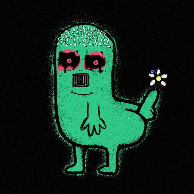 A green pill-shaped cartoon monster with pink/red eyes, exposed brain, sharp teeth, and a small white flower held in its tail against a black background.