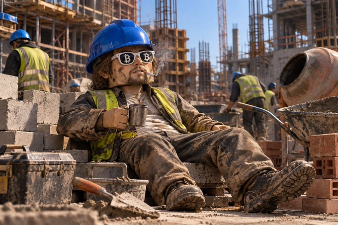 A construction worker wearing a blue hard hat, sunglasses with 'B' logos, and a safety vest is taking a break, sitting among concrete blocks and smoking a cigarette on a building site.