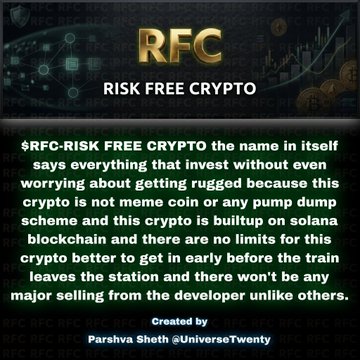 A digital promotional graphic for 'RFC' stands for 'RISK FREE CRYPTO', describing it as a token built on the solana blockchain, created by Parshva Sheth @UniverseTwenty.