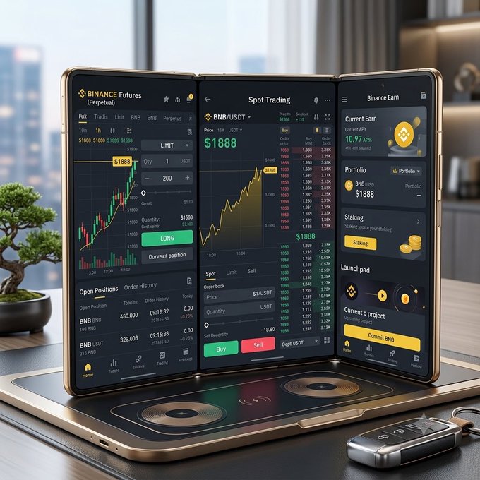 A conceptual image of a triple-foldable smartphone lying flat on a desk, displaying various cryptocurrency trading interfaces for 'Binance Futures (Perpetual)', 'Spot Trading' for BNB/USDT, and 'Binance Earn' features.