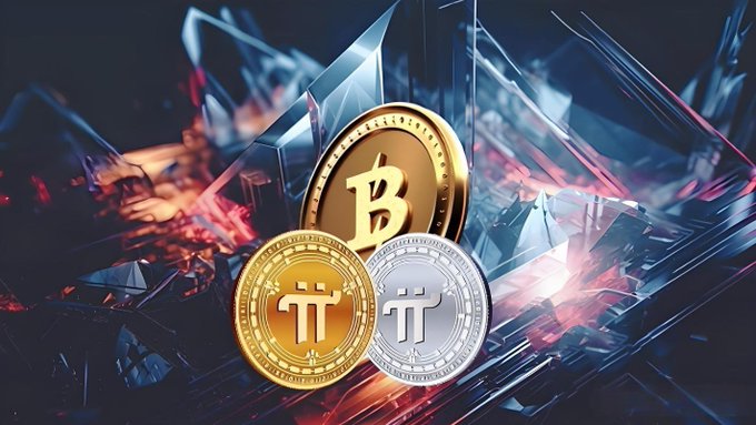 Three physical-style cryptocurrency coins featuring the Bitcoin "₿" symbol and two Pi Coin "π" tokens are displayed against a dramatic background of shattered glass and fiery light, symbolizing broken fortunes. The image illustrates the post's theme of early Bitcoin miners who abandoned their holdings too soon—like the plasterer who sold his Bitcoin for just 2,000 yuan—and missed out on potentially life-changing gains.