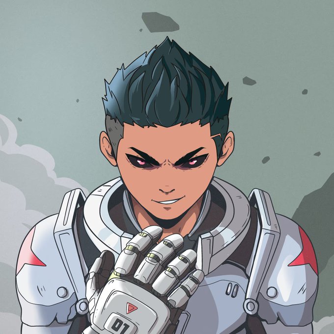A digital anime-style illustration of a male character with spiky black hair, red eyes, and a metallic robotic hand, wearing a futuristic white and grey suit with red accents.
