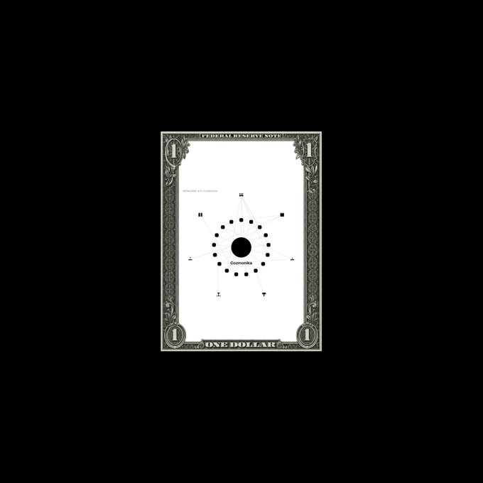 A minimalist artwork featuring a network diagram titled 'ECONOMIKA' centered on a central black circle, displayed on a piece of paper resembling a US one-dollar bill frame against a black background.