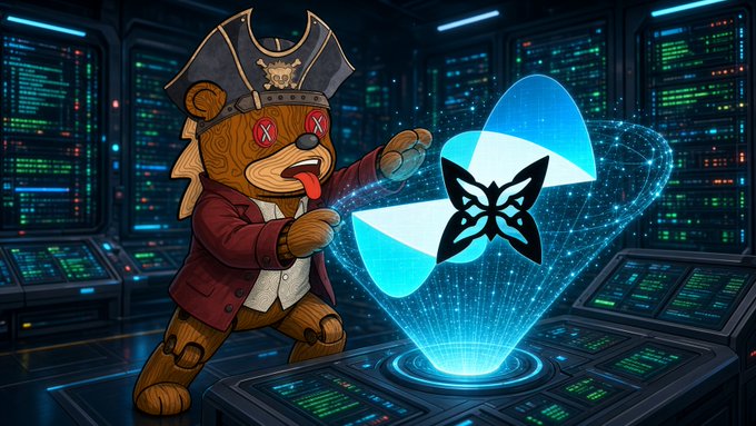 A stylized bear pirate with X's for eyes leans over a glowing holographic display showing the MetaMask logo and a fox emblem, set against a backdrop of server racks filled with scrolling code—evoking the cryptographic, decentralized themes of randomness, on-chain verification, and crypto wallet interactions referenced in the post about trusting a seed revealed through Quip Network's Quantum Echoes.
