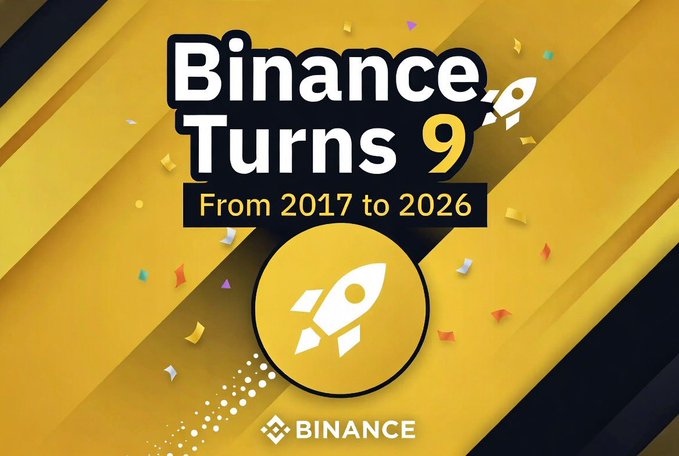 Binance Turns 9 anniversary graphic with text 'From 2017 to 2026' featuring a rocket icon and Binance logo on a yellow and black background with confetti.