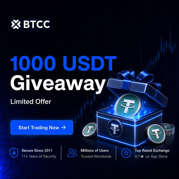 A BTCC promotional advertisement offering a 1000 USDT giveaway as a limited offer, featuring a glowing gift box filled with Tether coins and a "Start Trading Now" call-to-action button. The ad highlights BTCC's credentials—secure since 2011, millions of trusted users, and a 4.7-star App Store rating—aligning with the post's message of BTCC being a reliable exchange that supports traders.