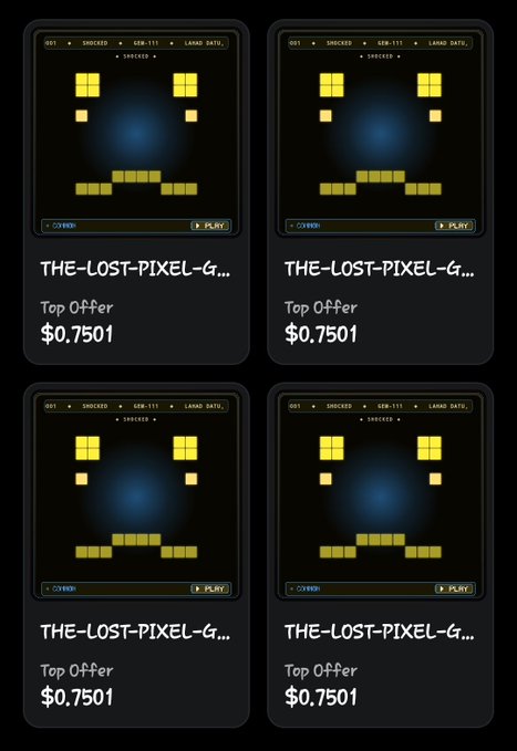 A screenshot showing four identical NFT listings for 'THE-LOST-PIXEL-G...' with a pixelated yellow face design, each priced at a top offer of $0.7501.
