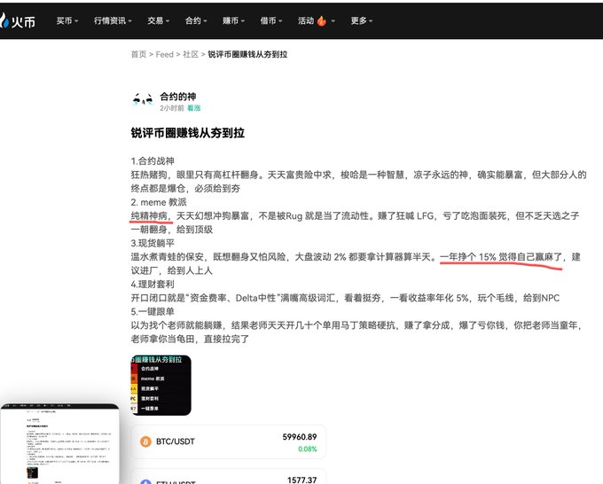 A screenshot of a Chinese-language blog post titled "锐评币圈赚钱从夯到拉" on a crypto community platform (Feed > 社区), ranking meme coins from best to worst with categories including 合约战神, 纯赖特币, 现货躺平, and 理财套利, alongside a BTC/USDT price display showing 59960.89. The post appears to share sharp commentary on cryptocurrency trading strategies, aligning with the caption's reference to engaging crypto community content.