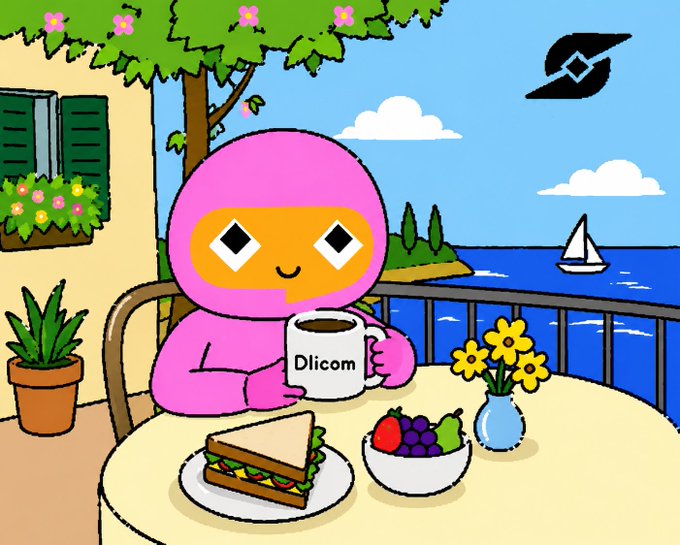 The image features a cartoon character wearing a pink outfit, sitting at an outdoor table holding a cup of coffee and a sandwich. The background shows a beautiful view of the ocean with sailboats sailing by. There are also potted plants on the table and a vase filled with flowers nearby. The post is titled "Good morning, Dlicom community! May this day be filled with creativity, new ideas and success in all your endeavors!".