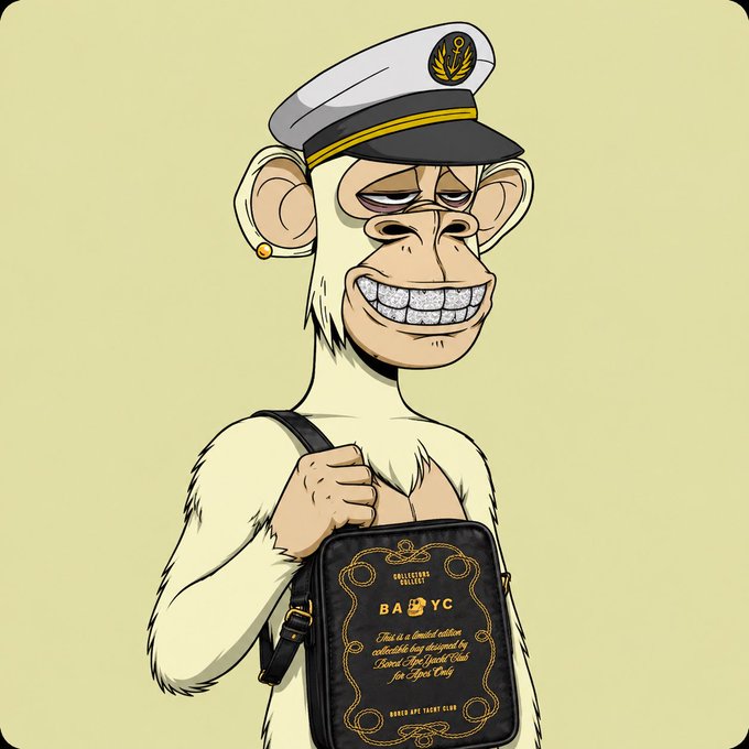A digital illustration of a Bored Ape Yacht Club (BAYC) NFT monkey character wearing a white captain's hat and a gold earring, holding a Bored Ape Yacht Club branded backpack.