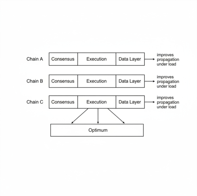A block diagram illustrating three chains (A, B, C) each with Consensus, Execution, and Data Layer components, with Chain C's layers connecting to an 'Optimum' block below.