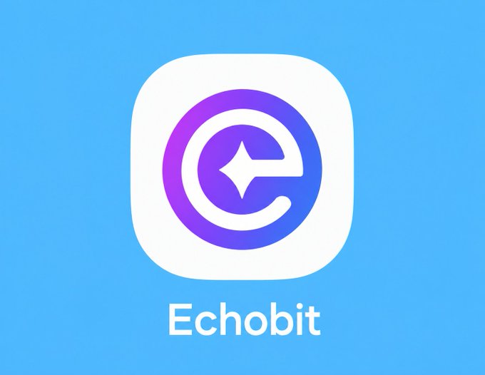 A blue background shows the Echobit app icon, a white rounded square containing a purple 'e' with a star, above the name 'Echobit'.