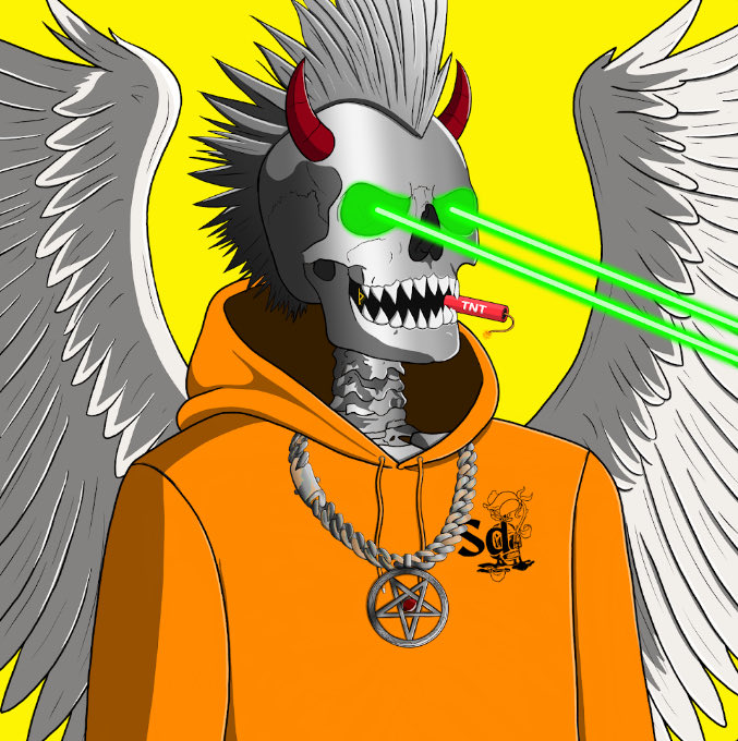 A vibrant illustration of a skeletal figure with wings, red devil horns, glowing green laser eyes, an orange hoodie with a pentagram necklace, and a stick of TNT in its mouth against a yellow background.