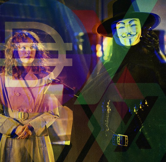 The image features a woman wearing a tan coat standing next to another person wearing a mask. The background of the photo has a purple, green, and black color scheme with an x symbol in the center. The caption reads "GM, Its a beautiful day to Bridge-In Anonymously to #PulseChain, The Freedom Chain, @LibertySwapFi @zkxwallet @RAILGUN_Project."
