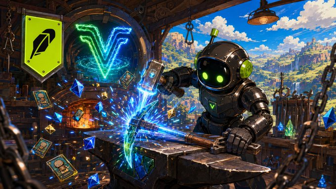 A black robot with glowing green eyes forges glowing blue crystals on an anvil in a medieval-style workshop, with a "V" logo on the shield and chest symbolizing the VenaHub mining protocol crafting $VENA rewards through VPICK NFT upgrades on the Robinhood Chain.