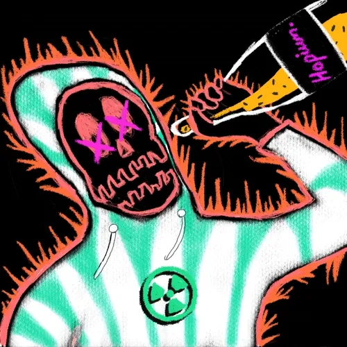 A colorful digital artwork depicting a green and white striped cat-like creature with glowing pink eyes and a radiation symbol pendant, being touched by a yellow hand labeled 'Wendy'.