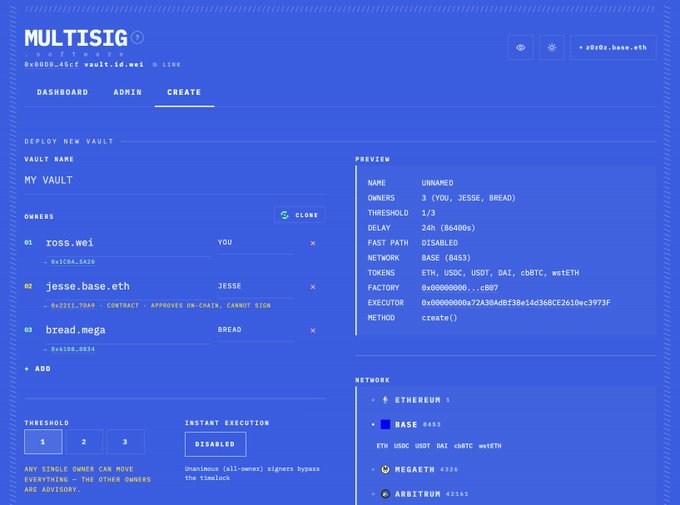A screenshot of the MULTISIG interface showing a vault creation page where owners can be added using Base names (like "ross.wel" and "jesse.base.eth") and Mega names (like "bread.mega"), with 3 owners (YOU, JESSE, BREAD) configured at a 1/3 threshold and the BASE 8453 and MEGAETH 4336 networks selected for deployment.