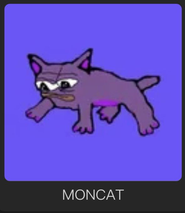 A cartoonish purple cat character with a grumpy expression appears on a purple background, labeled "MONCAT" at the bottom. The image relates to the post by serving as the mascot/logo for the $MON cryptocurrency token.